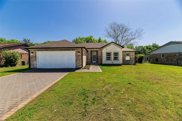 ranch-style house with a front lawn, driveway, cooling unit, a garage, and brick siding