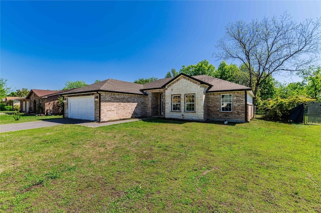 single story home with a garage, aphalt driveway, stone siding, fence, and a front yard