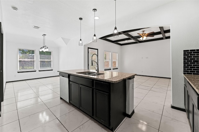 kitchen with stainless steel dishwasher, a sink, marble finish floor, ceiling fan, and dark cabinetry