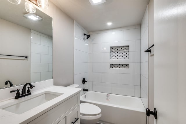 full bath with tub / shower combination, toilet, and vanity