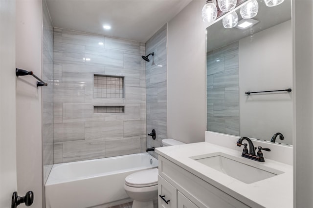 bathroom featuring shower / bath combination, toilet, vanity, and recessed lighting