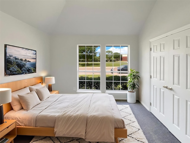 carpeted bedroom with lofted ceiling