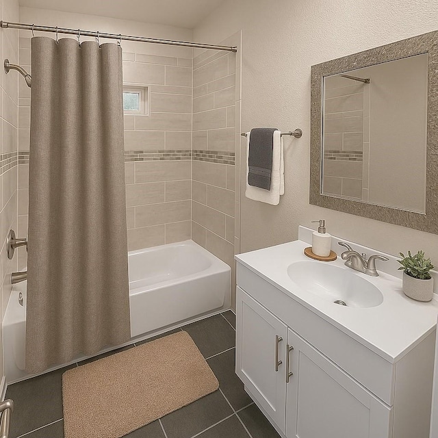 921 E Harvey Ave, Fort Worth, TX 76104 - bathroom featuring shower / bath combination with curtain, vanity, and tile patterned flooring
