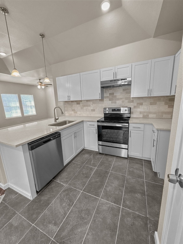 921 E Harvey Ave, Fort Worth, TX 76104 - kitchen featuring appliances with stainless steel finishes, a sink, tasteful backsplash, under cabinet range hood, and a peninsula