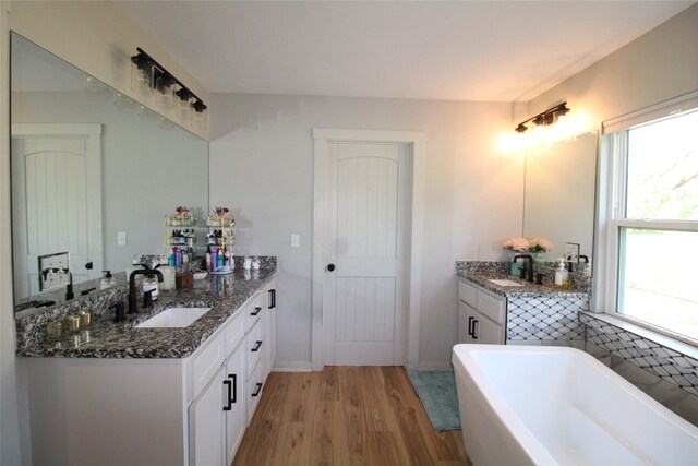 bathroom with a soaking tub, plenty of natural light, wood finished floors, and a sink