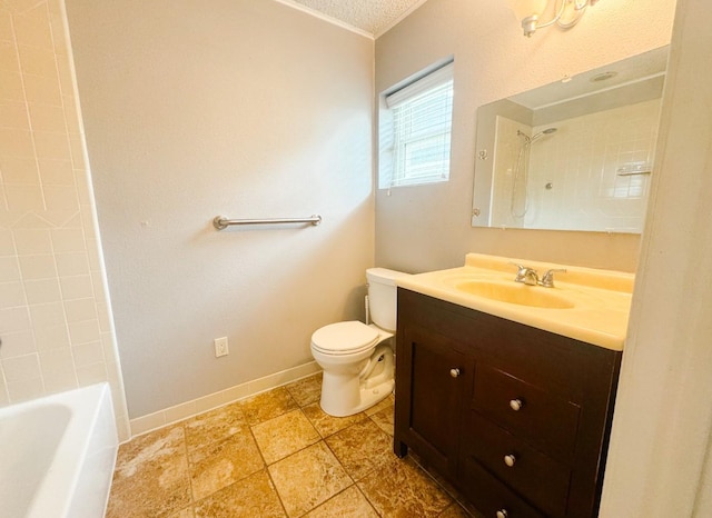 full bath with toilet, vanity, crown molding, baseboards, and a textured ceiling