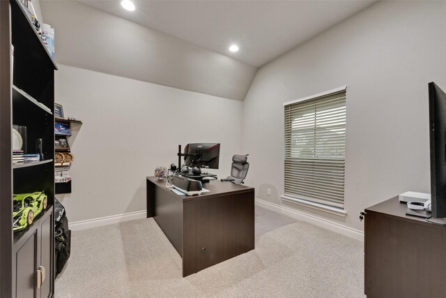 carpeted home office with recessed lighting, lofted ceiling, and baseboards