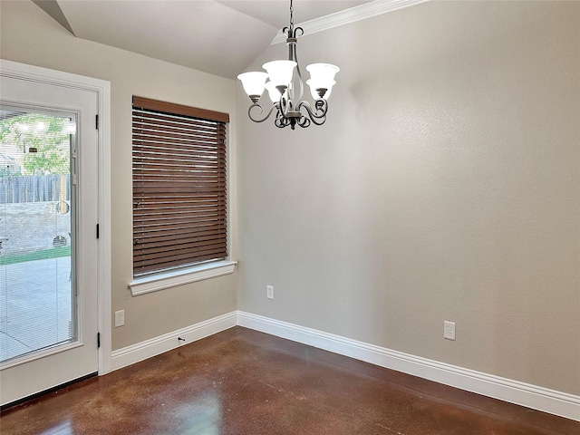1114 N Elm St, Weatherford, TX 76086 - unfurnished room featuring finished concrete flooring, a chandelier, baseboards, and vaulted ceiling