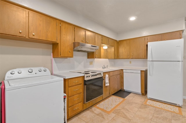 807-809 Sun Valley Dr, Denton, TX 76209 - kitchen with a sink, white appliances, washer / dryer, light countertops, and under cabinet range hood