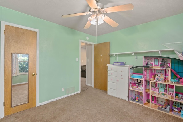 807-809 Sun Valley Dr, Denton, TX 76209 - recreation room featuring ceiling fan, carpet floors, visible vents, and baseboards