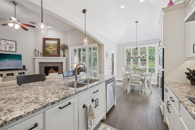 3204 Discovery Dr, Little Elm, TX 75068 - kitchen featuring stainless steel appliances, a sink, open floor plan, a chandelier, and a warm lit fireplace