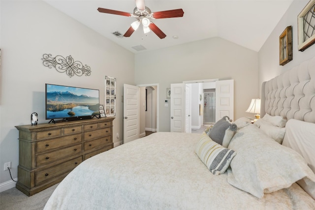 3204 Discovery Dr, Little Elm, TX 75068 - bedroom featuring baseboards, carpet, high vaulted ceiling, and a ceiling fan