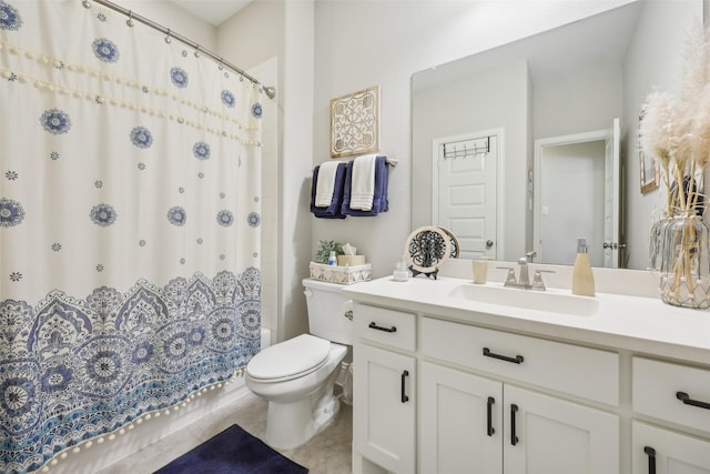 3204 Discovery Dr, Little Elm, TX 75068 - full bath featuring toilet, vanity, tile patterned floors, and a shower with shower curtain