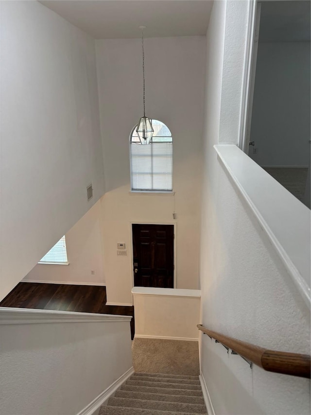 stairs featuring visible vents, baseboards, a high ceiling, and carpet
