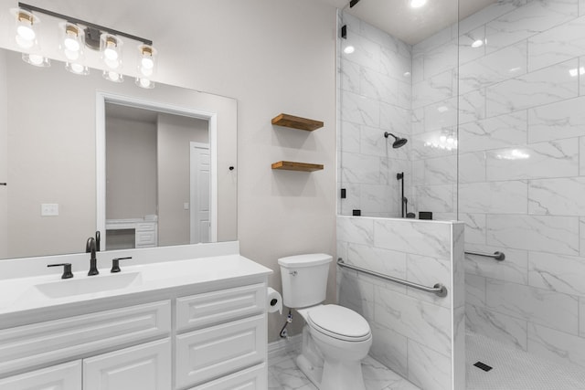 full bathroom featuring walk in shower, marble finish floor, and vanity