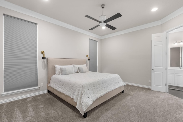bedroom featuring ceiling fan, baseboards, ornamental molding, carpet flooring, and recessed lighting