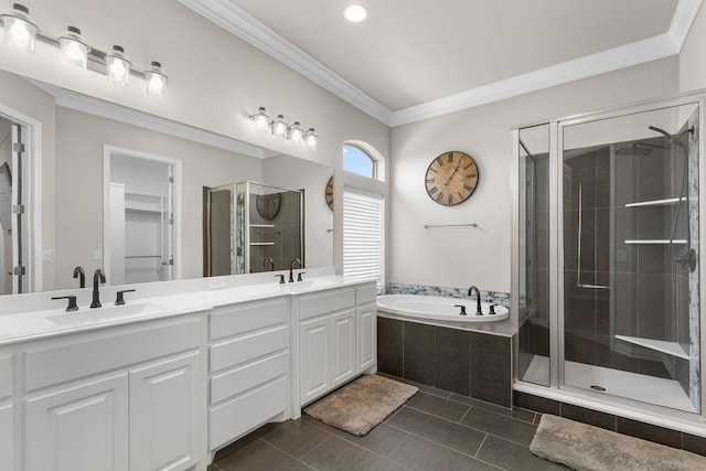 full bath with a bath, a sink, tile patterned flooring, a shower stall, and ornamental molding