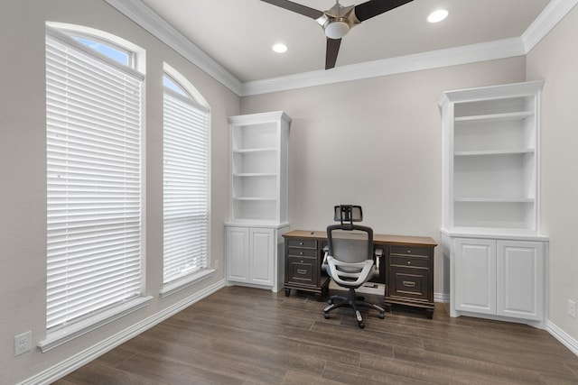 home office featuring a ceiling fan, recessed lighting, dark wood finished floors, and crown molding