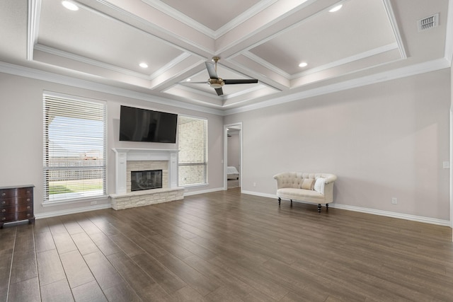 unfurnished living room featuring dark wood finished floors, baseboards, ceiling fan, and a fireplace