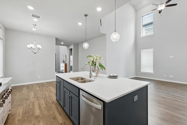 kitchen with visible vents, wood finished floors, dishwasher, and a sink