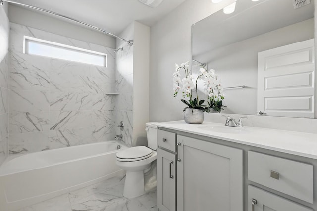 full bathroom featuring vanity, shower / bath combination, toilet, marble finish floor, and visible vents
