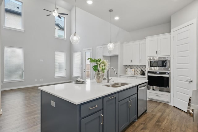 kitchen featuring white cabinetry, stainless steel appliances, dark wood-style flooring, and a sink