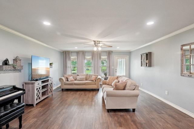 108 N Westlake Dr, Leonard, TX 75452 - living area with crown molding, baseboards, ceiling fan, recessed lighting, and dark wood-style floors