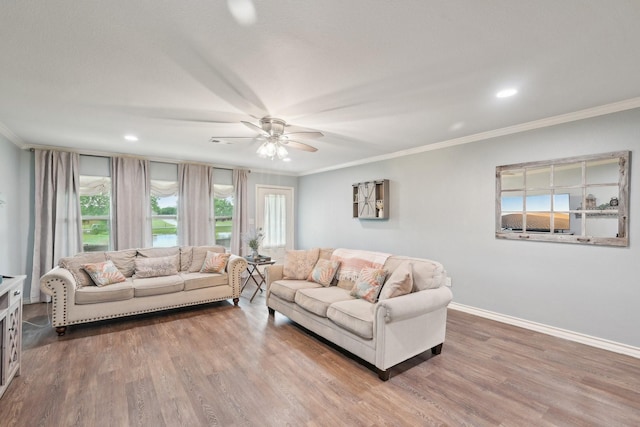 108 N Westlake Dr, Leonard, TX 75452 - living area with ceiling fan, ornamental molding, baseboards, wood finished floors, and recessed lighting