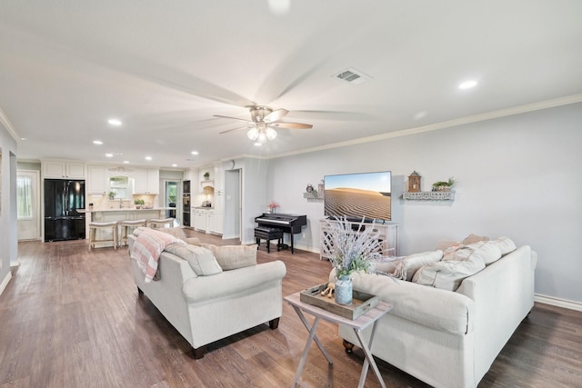 108 N Westlake Dr, Leonard, TX 75452 - living area featuring ceiling fan, ornamental molding, recessed lighting, baseboards, and dark wood-style floors