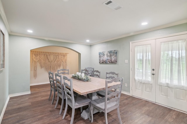 108 N Westlake Dr, Leonard, TX 75452 - dining room with french doors, ornamental molding, dark wood-style flooring, baseboards, and recessed lighting