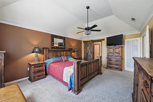 bedroom featuring a barn door, crown molding, light colored carpet, lofted ceiling, and visible vents