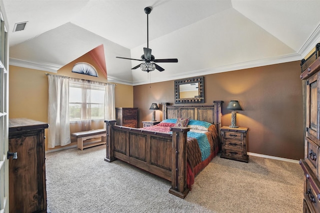 bedroom with vaulted ceiling, visible vents, carpet, and ornamental molding