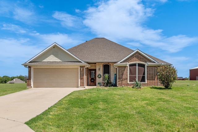single story home with an attached garage, a front lawn, brick siding, and concrete driveway