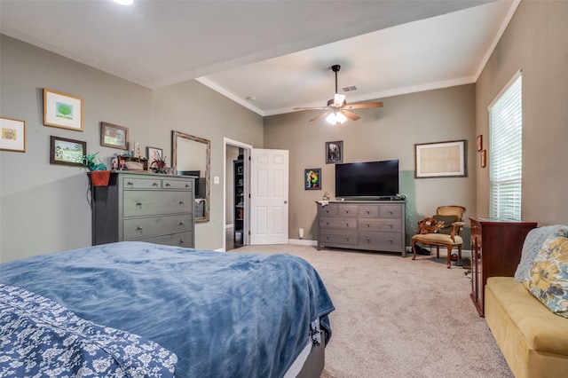 411 E Ross St, Waxahachie, TX 75165 - bedroom with carpet, crown molding, a ceiling fan, and baseboards
