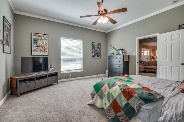 411 E Ross St, Waxahachie, TX 75165 - bedroom with baseboards, carpet flooring, crown molding, and a ceiling fan