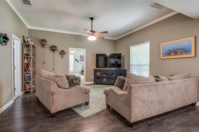 411 E Ross St, Waxahachie, TX 75165 - living area with ornamental molding, ceiling fan, dark wood-style flooring, and baseboards