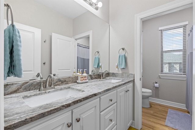2210 County Road 1104, Cleburne, TX 76031 - full bathroom featuring wood finished floors, a sink, double vanity, and toilet