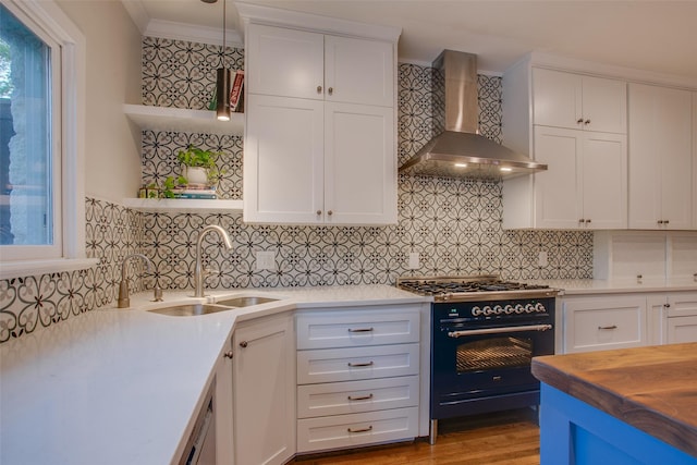 kitchen with wall chimney range hood, a sink, decorative backsplash, high end stove, and ornamental molding