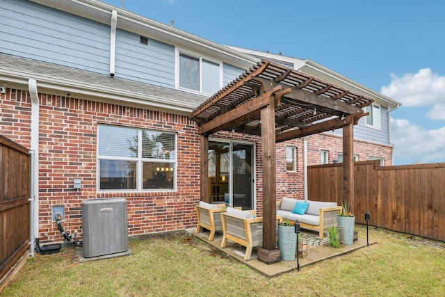 616 Emily Ln, Wylie, TX 75098 - rear view of property featuring central AC unit, a pergola, brick siding, outdoor lounge area, and a patio