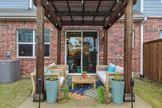 view of patio with an outdoor living space, fence, cooling unit, and a pergola