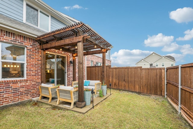 view of yard with an outdoor living space, a fenced backyard, a patio area, and a pergola