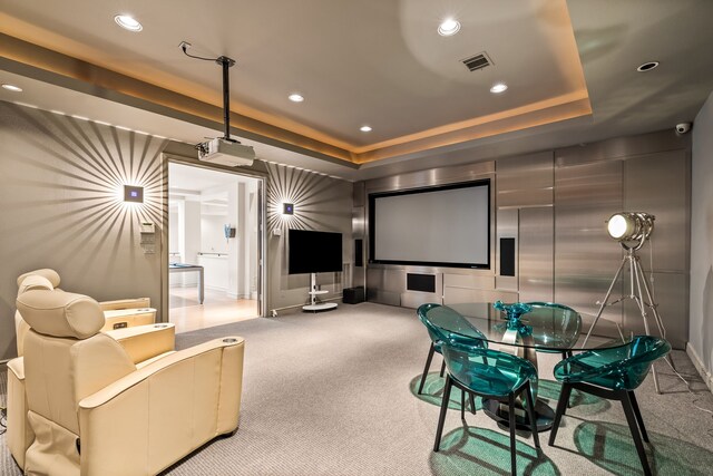 5608 Stone Cliff Ct, Dallas, TX 75287 - carpeted cinema featuring visible vents, a tray ceiling, and recessed lighting