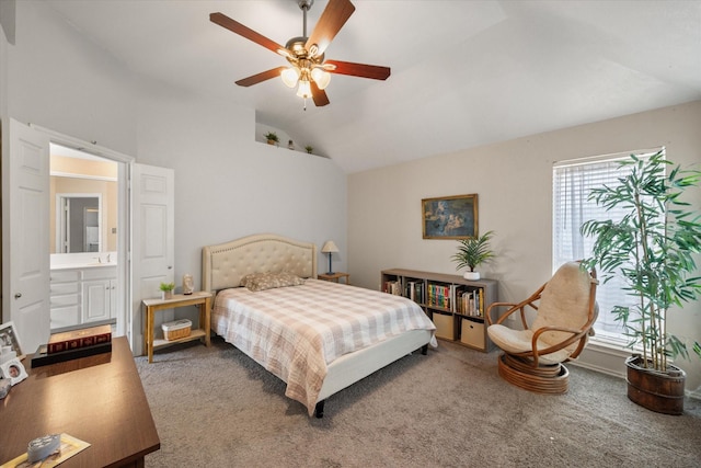 bedroom featuring lofted ceiling, carpet, and ceiling fan