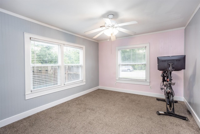 308 N Pecan St, Muenster, TX 76252 - exercise area featuring a ceiling fan, a wealth of natural light, crown molding, and carpet