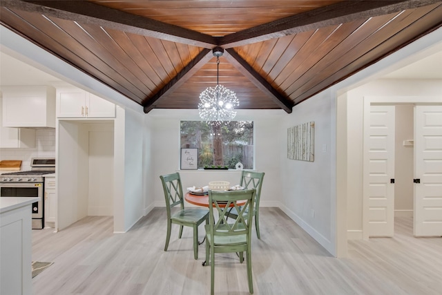 5925 Forest Haven Trl, Dallas, TX 75232 - dining room with an inviting chandelier, beamed ceiling, light wood-type flooring, baseboards, and wood ceiling