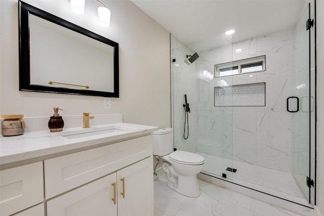 5925 Forest Haven Trl, Dallas, TX 75232 - full bath with marble finish floor, vanity, a marble finish shower, and toilet