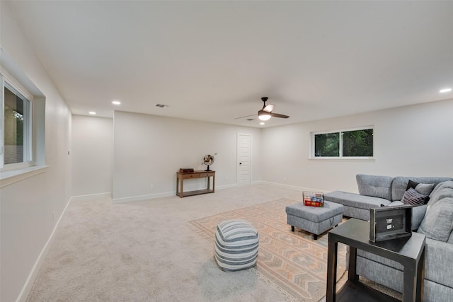 5925 Forest Haven Trl, Dallas, TX 75232 - carpeted living room with baseboards, a ceiling fan, visible vents, and recessed lighting