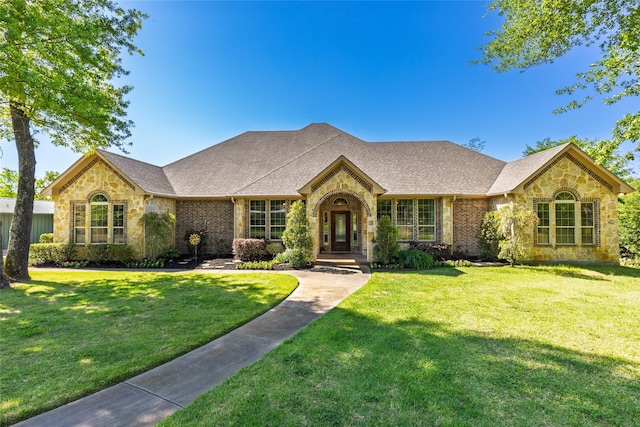 ranch-style house featuring stone siding, a shingled roof, and a front lawn