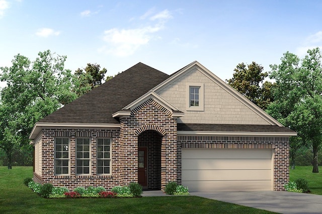 view of front facade with concrete driveway, brick siding, an attached garage, a shingled roof, and a front yard