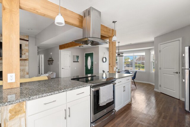kitchen featuring island range hood, stainless steel appliances, white cabinetry, dark wood-style flooring, and light stone countertops